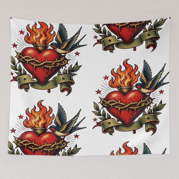 Item preview, Vintage Sacred Heart | Swallow Tattoo Flash Art designed and sold by StickersHul.