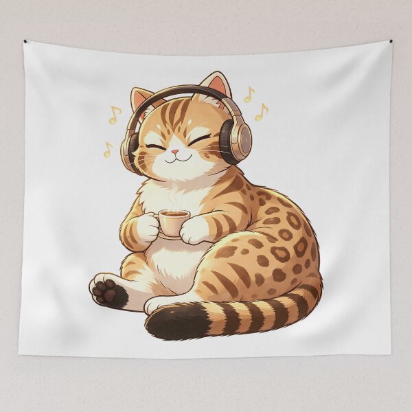 Item preview, Cozy Vibes - Felis Nigripes Cat Listening to Music with Coffee designed and sold by ABYSSLAB.