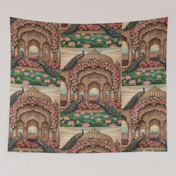 Item preview, Royal Peacock Palace Art Print – Indian Mughal Garden Illustration with Lotus Pond, Taj Mahal Inspired Vintage Architecture Wall Art Decor designed and sold by RSDigitalPrintDesign.