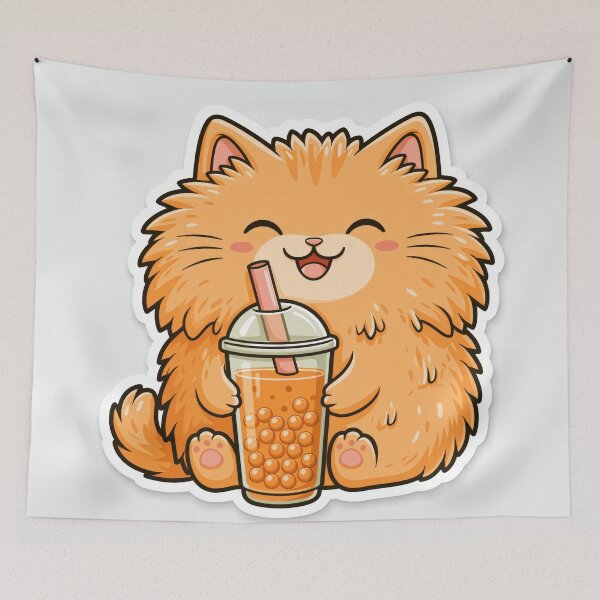 Item preview, Cute Fluffy Orange Cat Drinking Boba Tea Sticker designed and sold by EgonZ9.