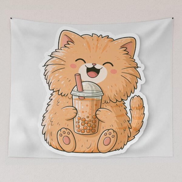 Item preview, Cute Fluffy Orange Cat Drinking Boba Tea designed and sold by EgonZ9.