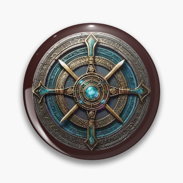 Item preview, Aegis of the Primal Seeker: Arcane Rune Shield with a Luminous Cyan Gemstone designed and sold by 63Hotpeppers.