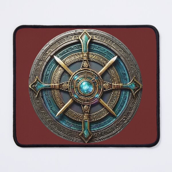 Item preview, Aegis of the Primal Seeker: Arcane Rune Shield with a Luminous Cyan Gemstone designed and sold by 63Hotpeppers.