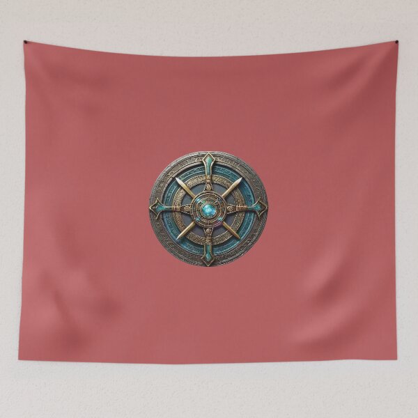 Item preview, Aegis of the Primal Seeker: Arcane Rune Shield with a Luminous Cyan Gemstone designed and sold by 63Hotpeppers.