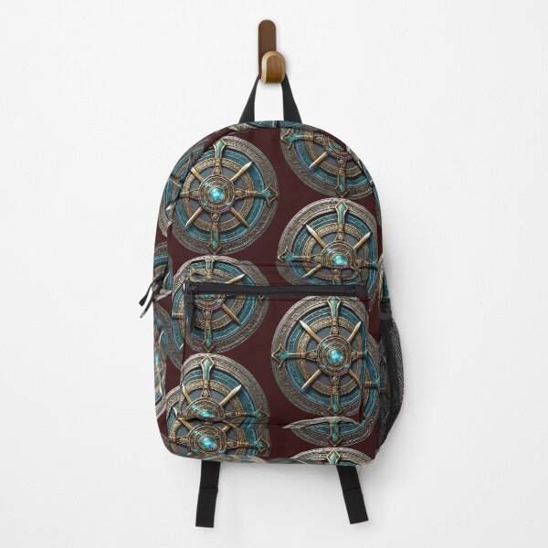 Item preview, Aegis of the Primal Seeker: Arcane Rune Shield with a Luminous Cyan Gemstone designed and sold by 63Hotpeppers.