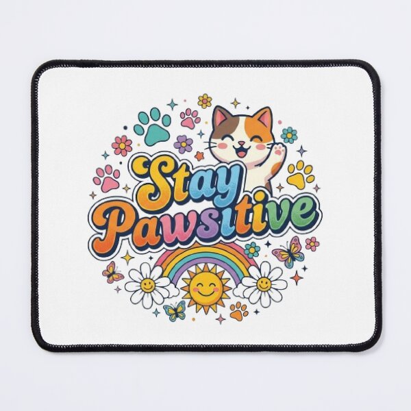 Item preview, Stay Pawsitive | Cute Smiling Cat Retro Typography T-Shirt with Rainbow & Flowers designed and sold by Faisal Shah.