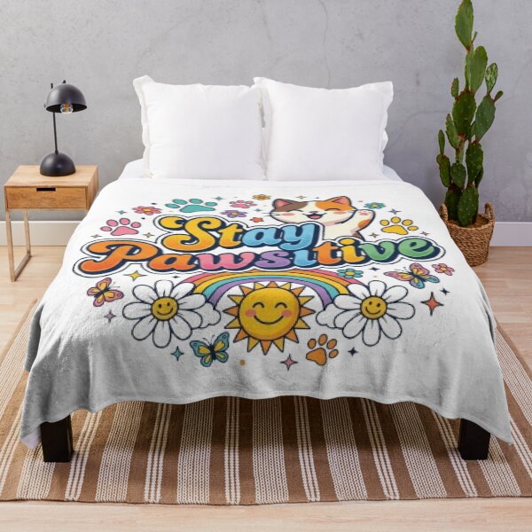 Item preview, Stay Pawsitive | Cute Smiling Cat Retro Typography T-Shirt with Rainbow & Flowers designed and sold by Faisal Shah.