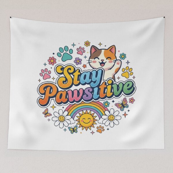 Item preview, Stay Pawsitive | Cute Smiling Cat Retro Typography T-Shirt with Rainbow & Flowers designed and sold by Faisal  Shah.