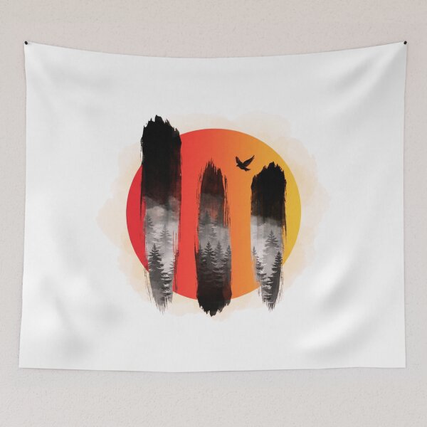 Item preview, Japanese Forest Poster – Minimalist Sumi-e Art Print, Red Sun Mist Forest Wall Art designed and sold by GabeMountainArt.