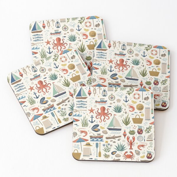 Item preview, Mediterranean Seafood & Sailboat Pattern – Balearic Summer Art designed and sold by OpenDreamArts.