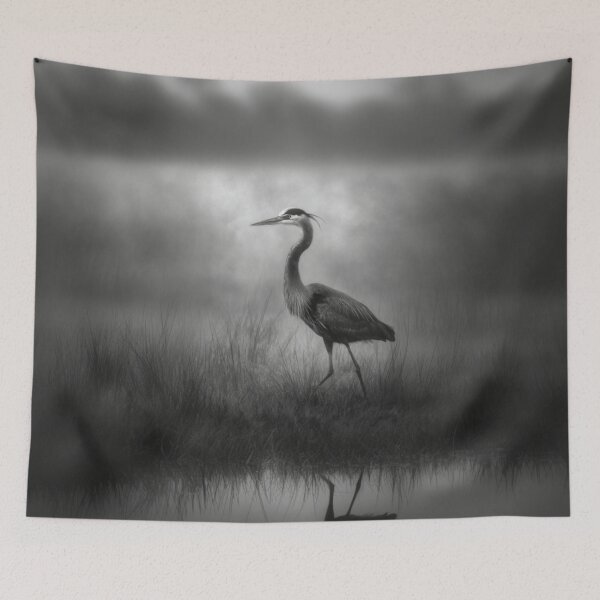 Item preview, A stalking Great Blue Heron in marshland fog, Birds in Motion designed and sold by CDC40.