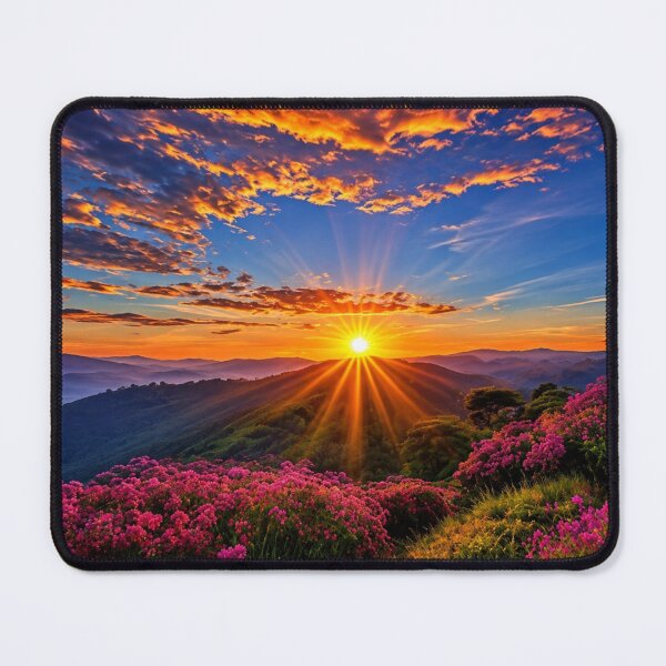 Item preview, Mountain Sunrise with Pink Wildflowers – Dramatic Scenic Landscape designed and sold by Wild Bloom Paws.