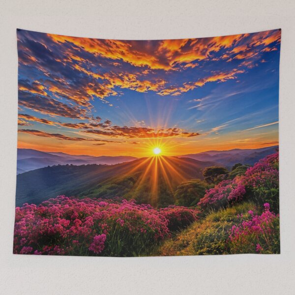 Item preview, Mountain Sunrise with Pink Wildflowers – Dramatic Scenic Landscape designed and sold by Wild Bloom Paws.
