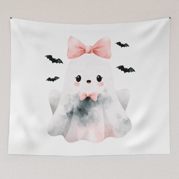 Item preview, Cute Halloween Ghost With Pink Bow And Playful Bats designed and sold by EL-Lebedenko.