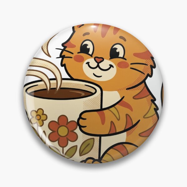 Item preview, Cute cartoon orange tabby cat hugging a floral coffee mug with steam, cozy retro illustration designed and sold by bence-kis-photo.