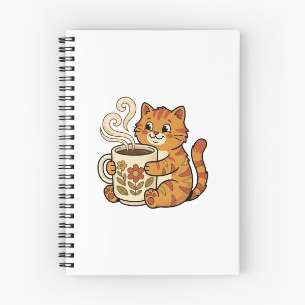 Item preview, Cute cartoon orange tabby cat hugging a floral coffee mug with steam, cozy retro illustration designed and sold by bence-kis-photo.