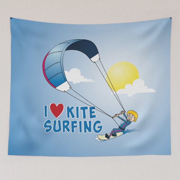 Item preview, I love kitesurfing, cartoon style illustration for Surfers and Beach Lovers designed and sold by Stef Ringoot, cartoons and illustrations.