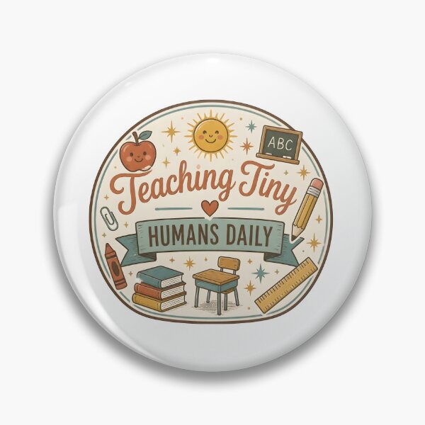 Item preview, Teaching Tiny Humans Daily Retro Hand Drawn Teacher Badge Sticker designed and sold by FestivityFinds.