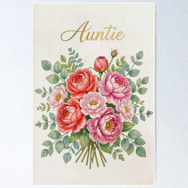 Item preview, Happy Birthday Auntie – Red Pink Peony Bouquet with Gold Lettering designed and sold by EmeraldeaArt.