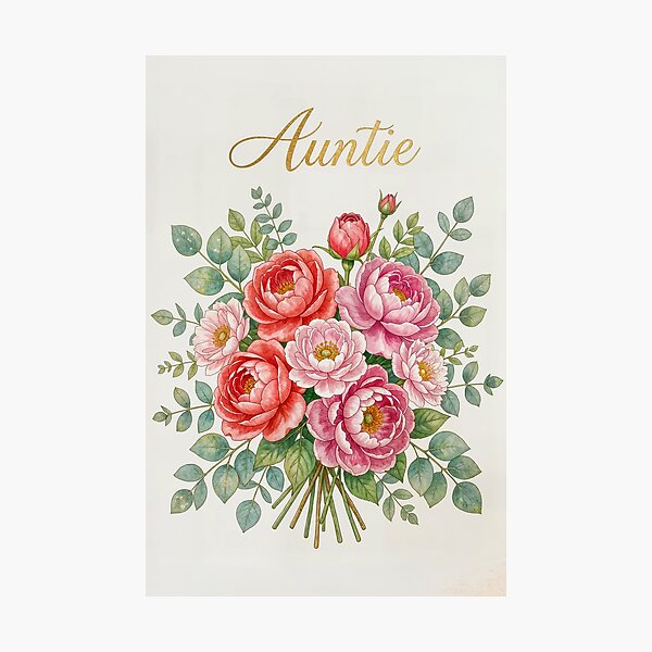 Item preview, Happy Birthday Auntie – Red Pink Peony Bouquet with Gold Lettering designed and sold by EmeraldeaArt.