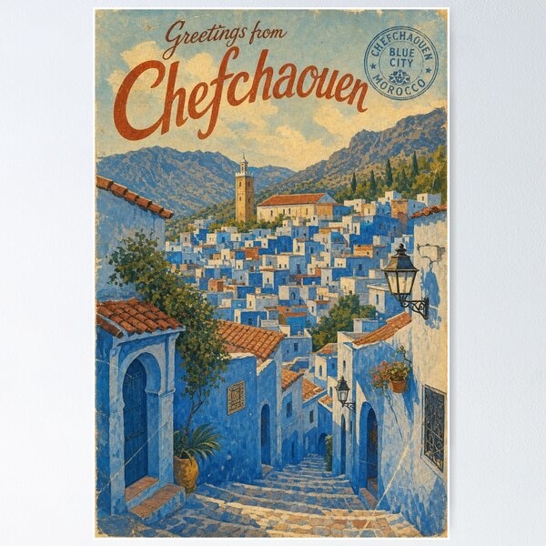 Item preview, Chefchaouen Morocco Travel Souvenir - Retro Illustration designed and sold by VisualArtsOasis.
