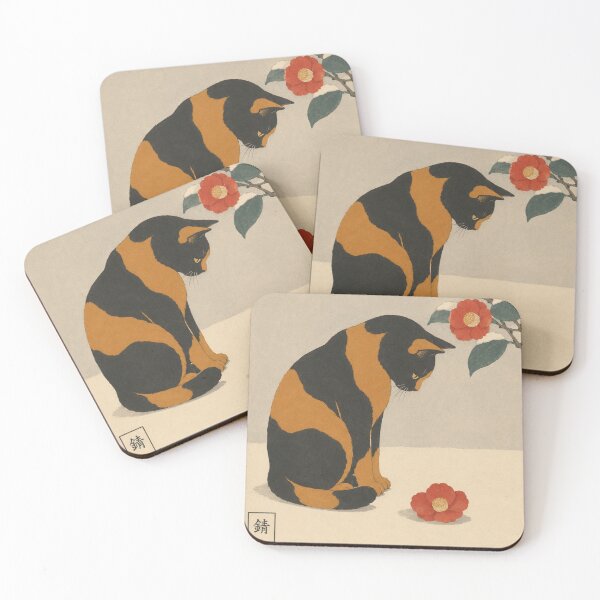 Item preview, Tortoiseshell Cat and Fallen Camellia — Neko Botanica No. 5 | Japanese Cat Woodblock designed and sold by Planthem.
