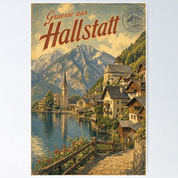 Item preview, Hallstatt Austria Travel Souvenir - Retro Illustration designed and sold by VisualArtsOasis.