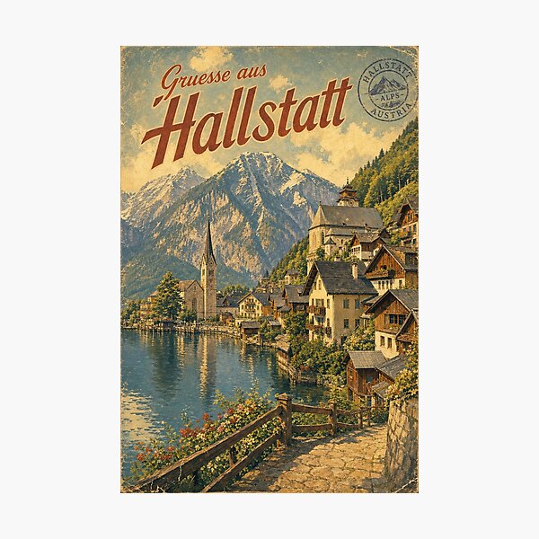 Item preview, Hallstatt Austria Travel Souvenir - Retro Illustration designed and sold by VisualArtsOasis.