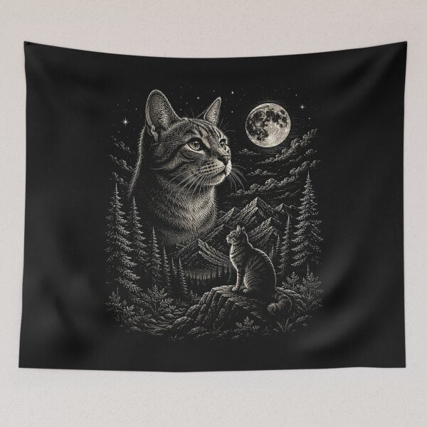 Item preview, Mountain Forest Cat Under the Full Moon | Vintage Wildlife designed and sold by SOUFIANE1991.