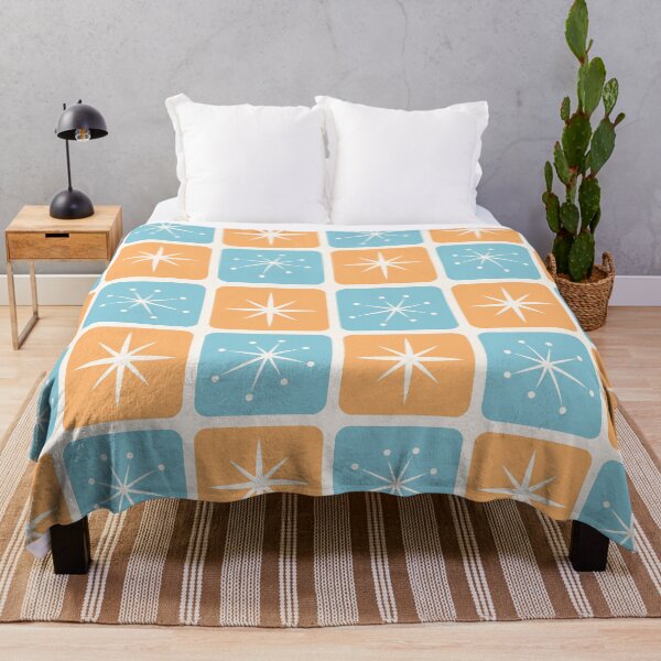 Item preview, Mid Century Atomic Stars Checks Sunny Orange Vintage Blue designed and sold by Pinkdeer Designs.