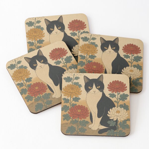 Item preview, Tuxedo Cat Among Chrysanthemums — Neko Botanica No. 7 | Japanese Cat Woodblock designed and sold by Planthem.