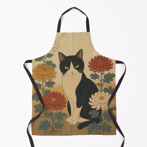 Item preview, Tuxedo Cat Among Chrysanthemums — Neko Botanica No. 7 | Japanese Cat Woodblock designed and sold by Planthem.