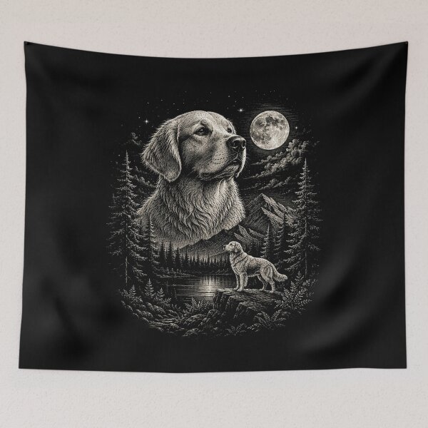 Item preview, Woodland Mountain Forest Golden Retriever Under the Full Moon | Vintage Wildlife designed and sold by SOUFIANE1991.