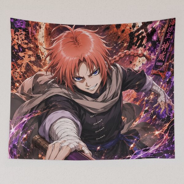 Item preview, Red-Haired Anime Warrior with Battle Umbrella | Cosmic Samurai Action Art Print designed and sold by Dyan4.