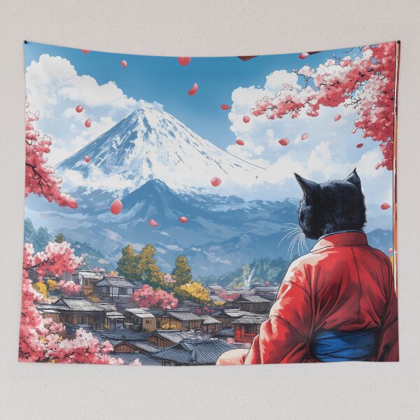 Item preview, Cat Japanese Landscape Cherry Blossom Mount Fuji Kimono Village designed and sold by juniorcastros.