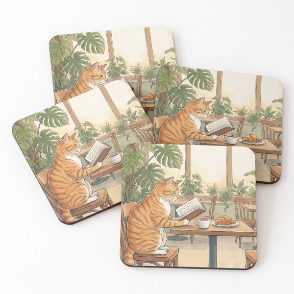 Item preview, Ginger Cat Reading Book in Cozy Cafe with Coffee and Croissant designed and sold by Butterfly-Dream.