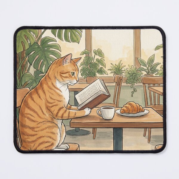 Item preview, Ginger Cat Reading Book in Cozy Cafe with Coffee and Croissant designed and sold by Butterfly-Dream.