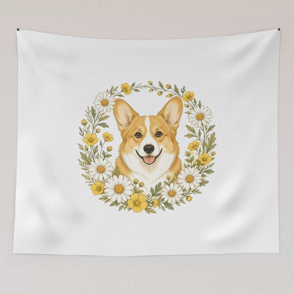 Item preview, Vintage Pembroke Welsh Corgi Yellow Daisy Botanical Wreath designed and sold by Breed And Build.