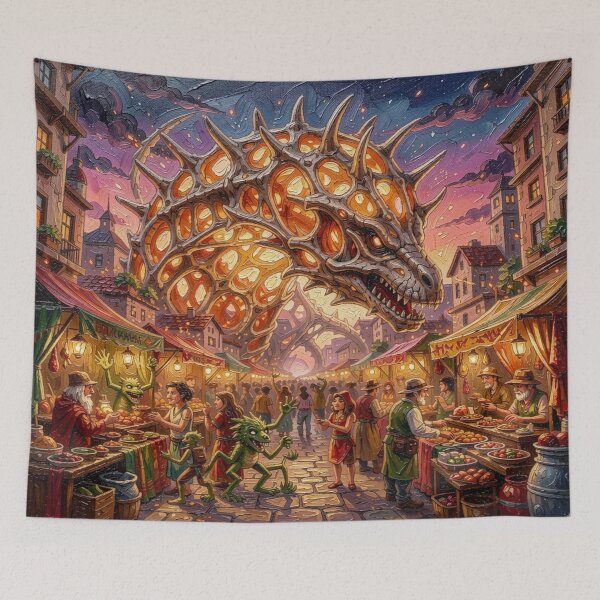 Item preview,  Impasto Style – Surreal Fantasy Marketplace beneath the Skeletal Dragon Arch designed and sold by FotoworldEdel.