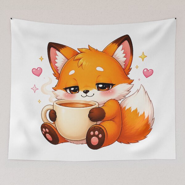 Item preview, Sleepy Kawaii Fox Hugging a Coffee Mug designed and sold by cat-and-pigeon.