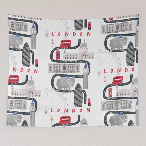 Item preview, London, Humorous Travel Poster with City Icons and Elephant Tourist designed and sold by Carla Daly.