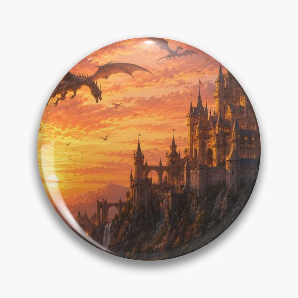 Item preview, Dragons Flying Over Gothic Castle at Sunset designed and sold by ArcaneVisionArt.
