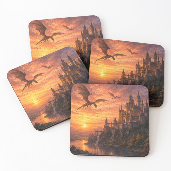 Item preview, Dragons Flying Over Gothic Castle at Sunset designed and sold by ArcaneVisionArt.