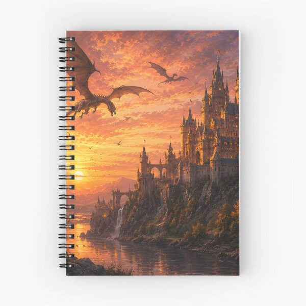 Item preview, Dragons Flying Over Gothic Castle at Sunset designed and sold by ArcaneVisionArt.