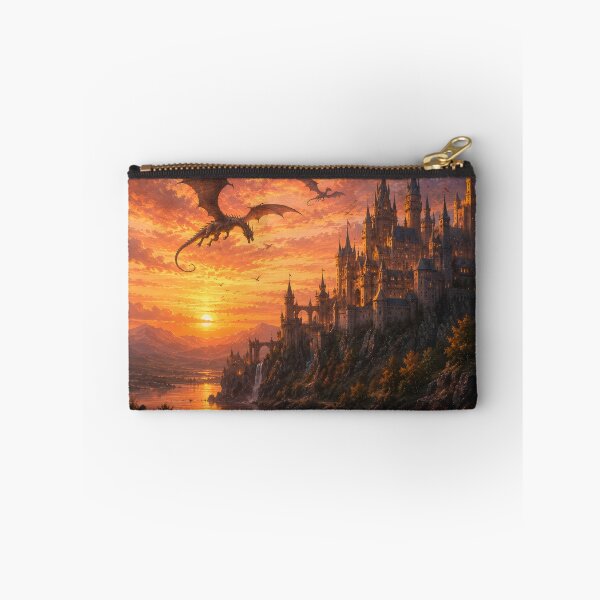 Item preview, Dragons Flying Over Gothic Castle at Sunset designed and sold by ArcaneVisionArt.