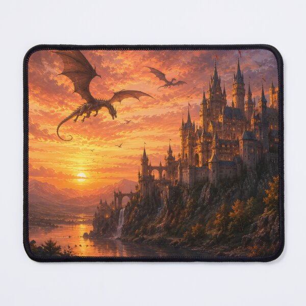 Item preview, Dragons Flying Over Gothic Castle at Sunset designed and sold by ArcaneVisionArt.
