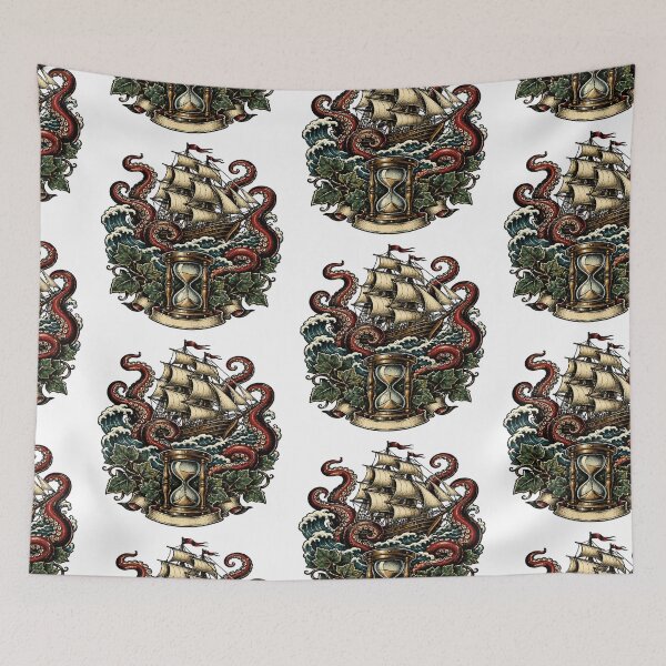 Item preview, Vintage Kraken Pirate Ship Tattoo Flash Art designed and sold by StickersHul.