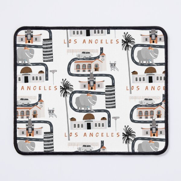 Item preview, Los Angeles, USA, Humorous Travel Poster with City Icons and Elephant Tourist designed and sold by Carla Daly.
