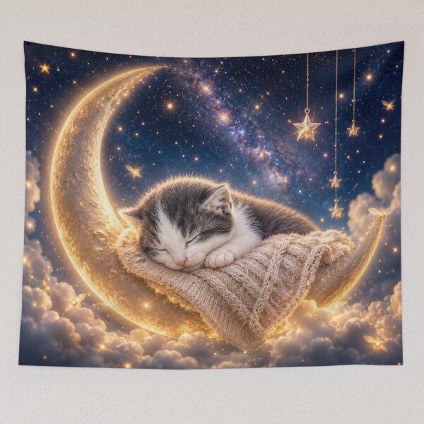 Item preview, Dreaming Kitten on a Crescent Moon | Whimsical Fantasy Night Sky designed and sold by Kimberly Palmer.