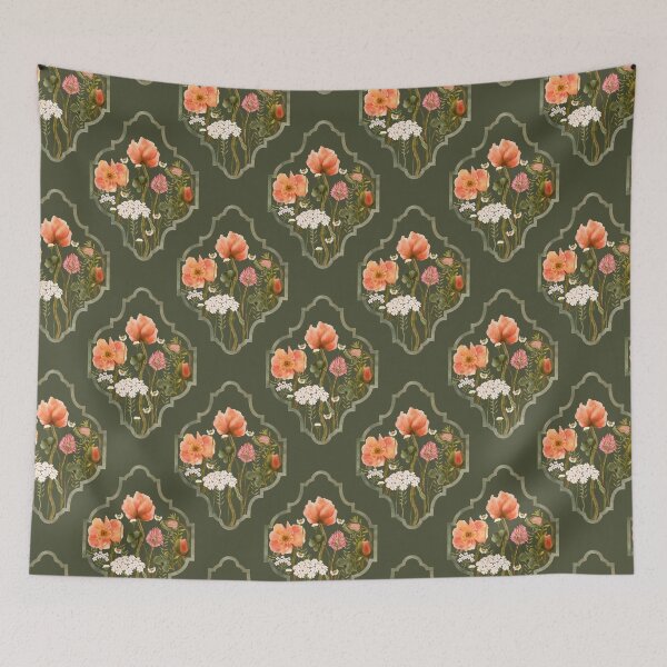 Item preview, Vintage Framed Poppy Olive Green Seamless Pattern designed and sold by Grin Katalina Floral Patterns & Cozy Art.